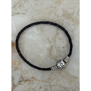 Pandora Moments Braided Leather Sterling Silver Barrel Clasp Charm Bracelet